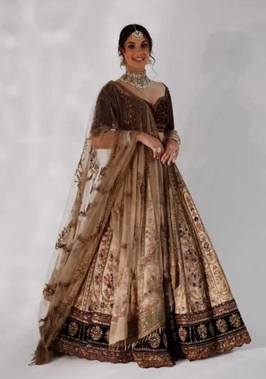 Beige Kasturi silk lehenga with dori sequins and thread work front view - WishTown Fashion Club