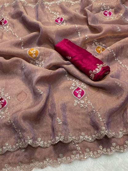 Taupe Dior silk saree with contrast thread embroidery and cutwork border - WishTown Fashion Club