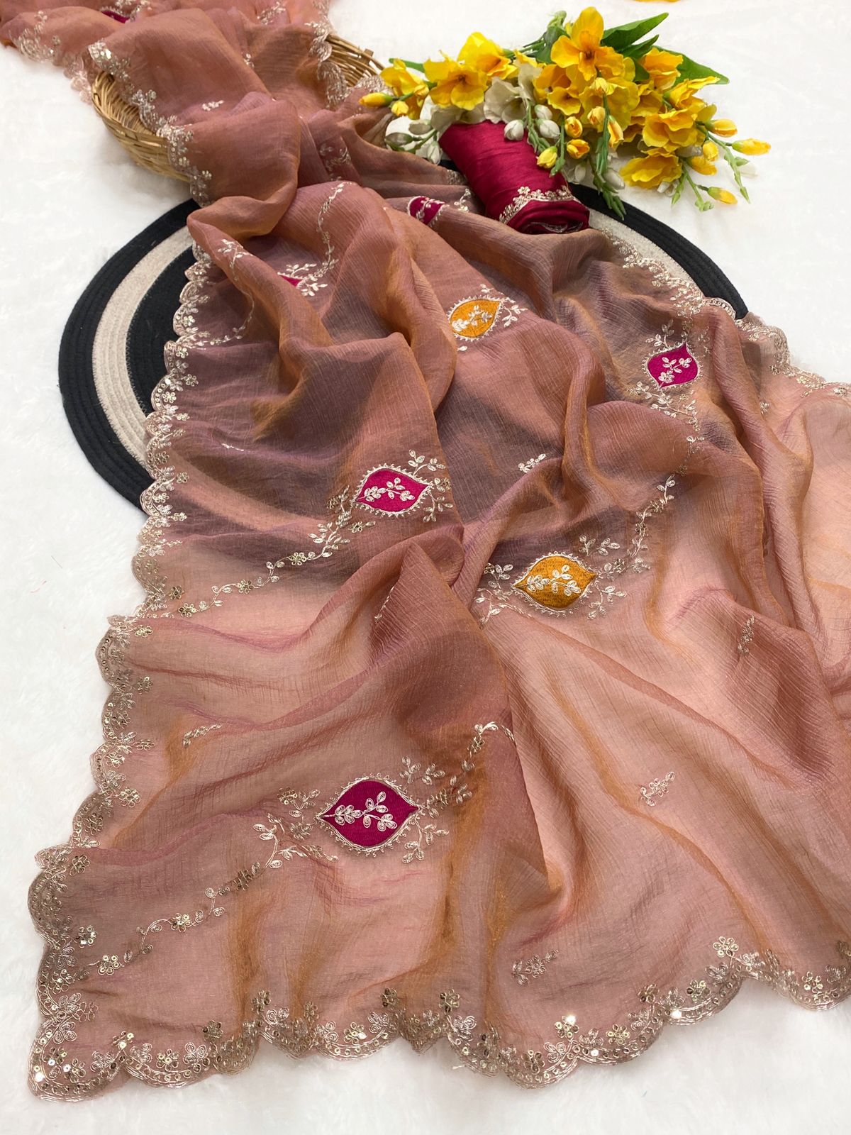 Rust Dior silk partywear saree with pita work and cutwork border front view - WishTown Fashion Club