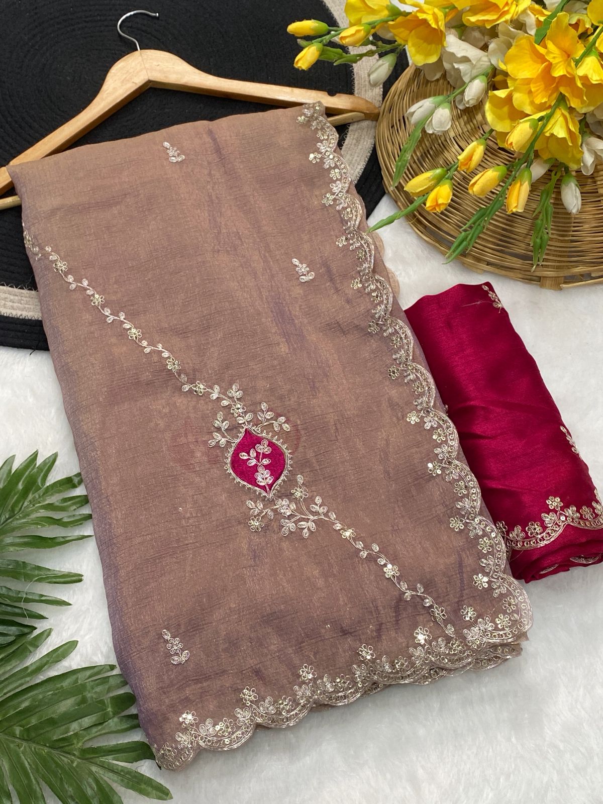 Taupe partywear saree paired with rani contrast embroidered blouse - WishTown Fashion Club