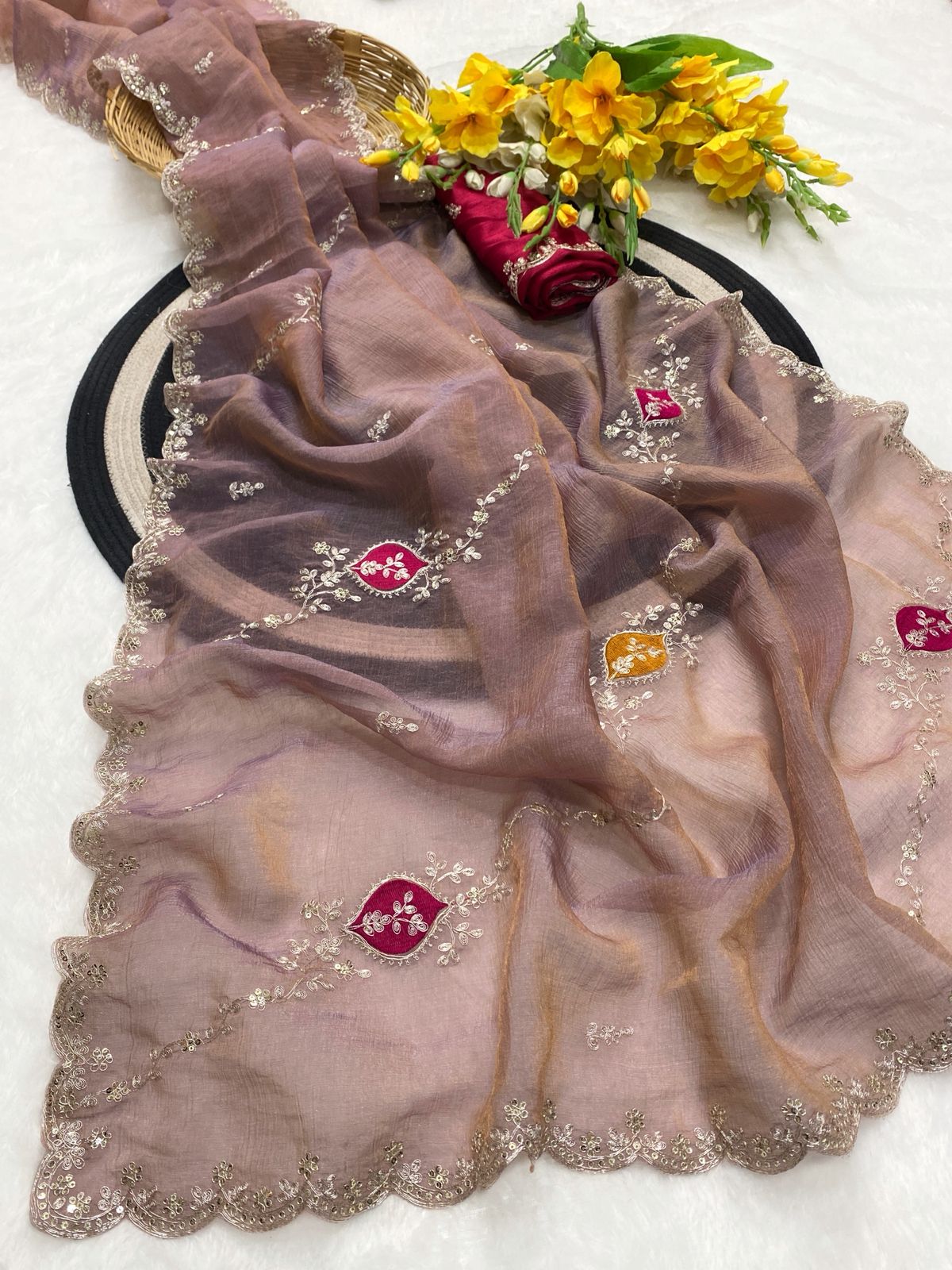 Taupe elegant Dior silk saree showcasing pita work detailing - WishTown Fashion Club