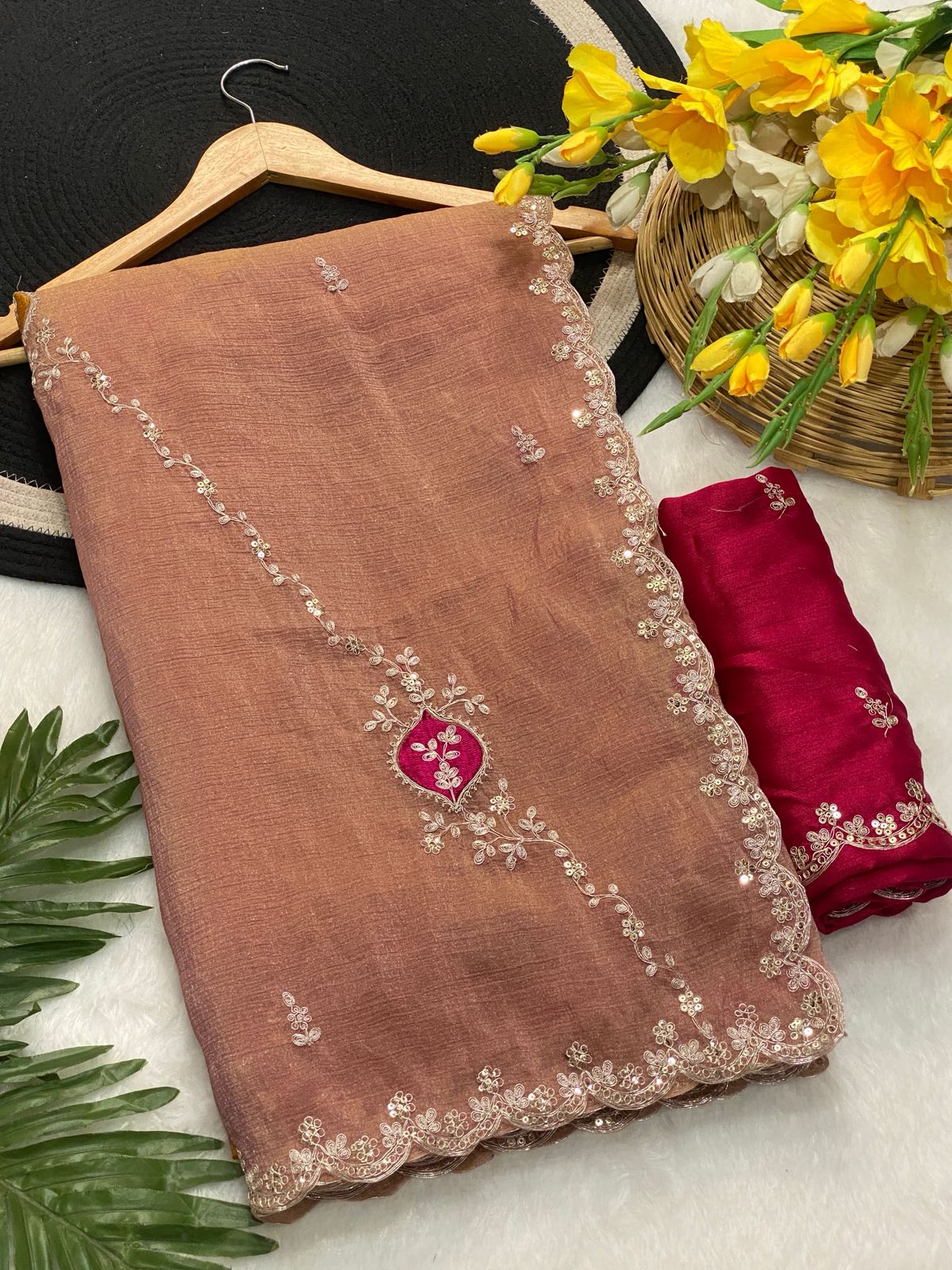 Rust festive wear Dior silk saree detailed embroidery and border look - WishTown Fashion Club