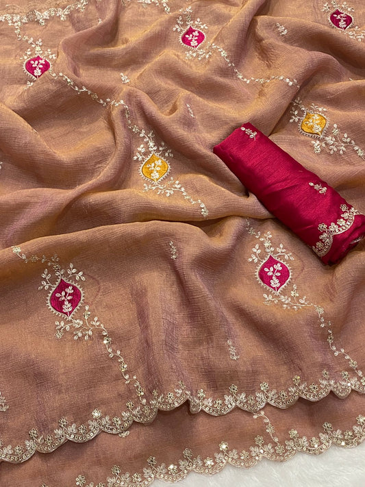 Rust designer saree with contrast embroidered blouse and rich drape - WishTown Fashion Club