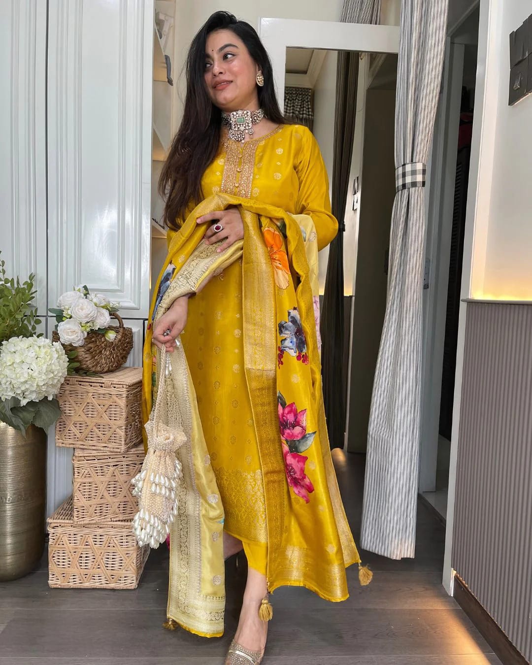 Pure viscose jacquard embroidered kurta set - WishTown Fashion Club®