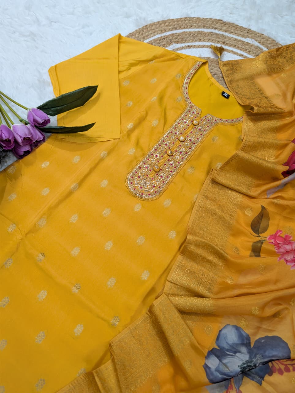 Pure viscose jacquard embroidered kurta set - WishTown Fashion Club®