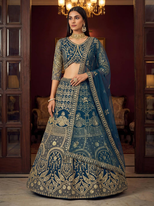 Blue designer butterfly net lehenga choli front view with sequins embroidery - WishTown Fashion Club