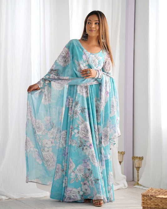 Sky blue floral print fox georgette Anarkali gown front view with full flare - WishTown Fashion Club