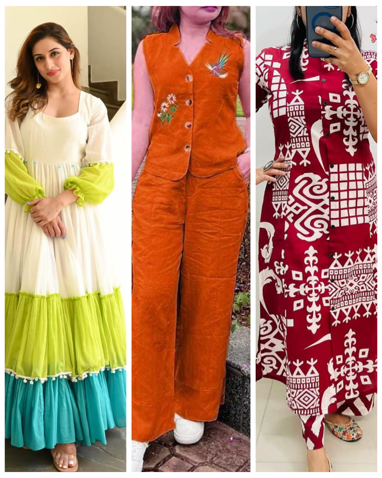 Multicolour special combo set showing three different outfits together - WishTown Fashion Club