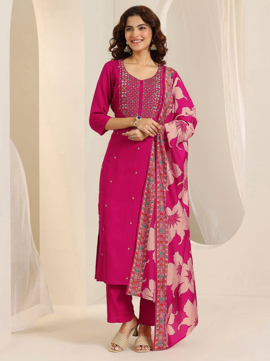 Rani pink rayon kurta pant dupatta set front view with embroidery - WishTown Fashion Club