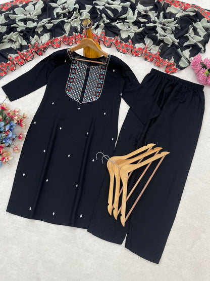 Tangerine black kurta pant set with chinon digital print dupatta - WishTown Fashion Club