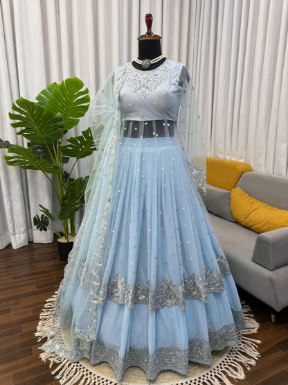 Sky blue designer gown lehenga set with butterfly net dupatta - WishTown Fashion Club