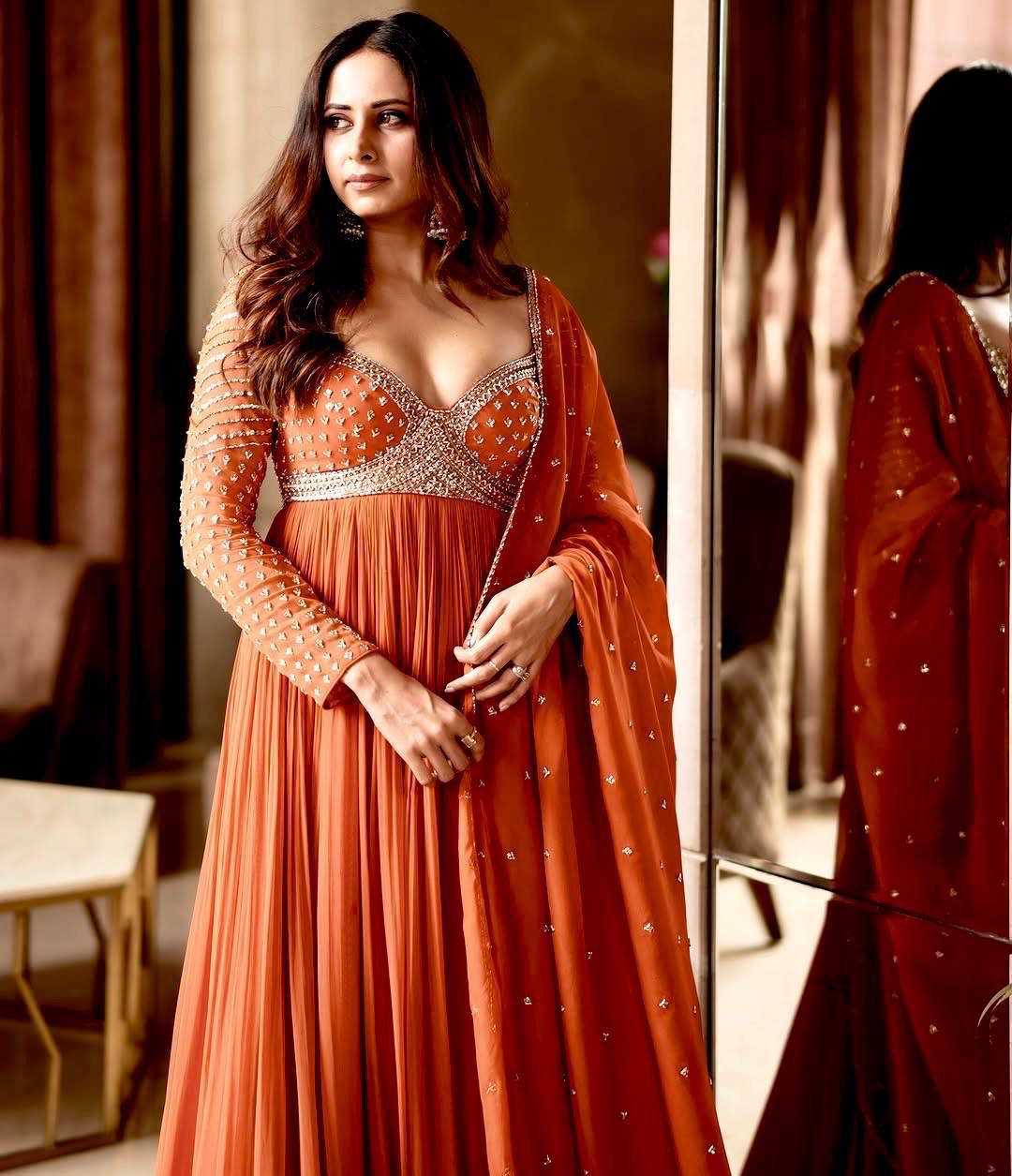 Tangerine orange festive wear gown with matching dupatta elegant look - WishTown Fashion Club