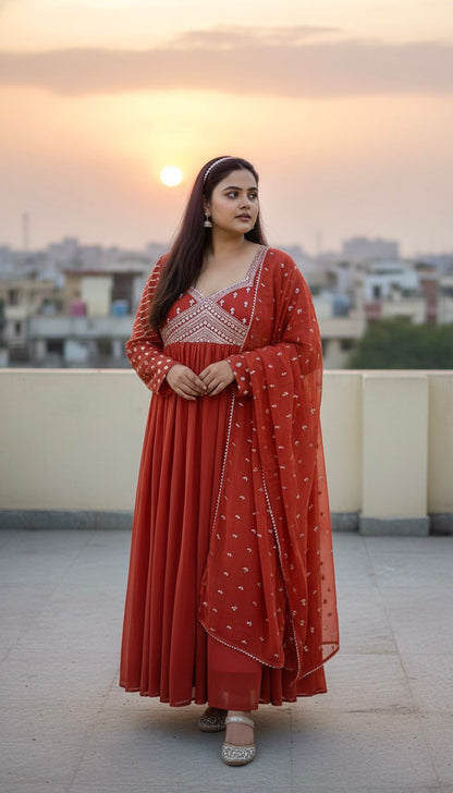 Tangerine orange ethnic gown full length view with zari and sequin embroidery - WishTown Fashion Club