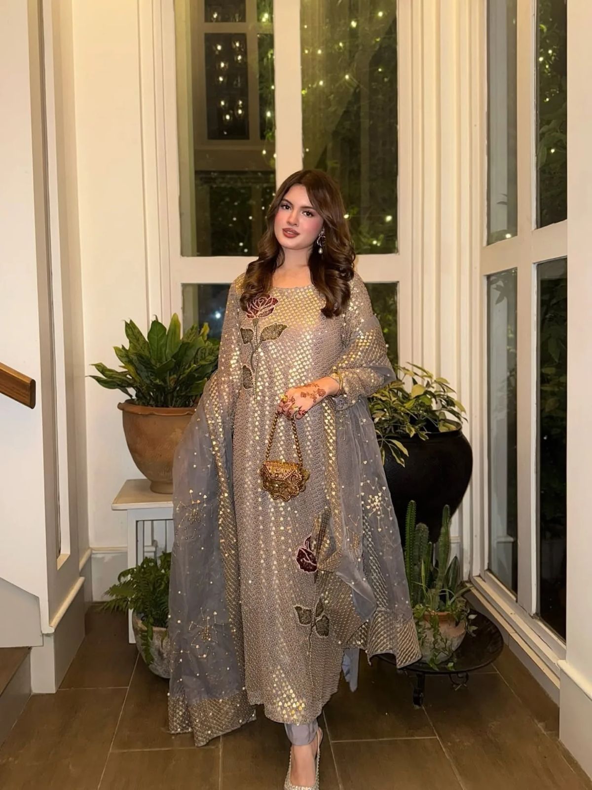 Tangerine grey faux georgette kurti pant dupatta set front view embroidery - WishTown Fashion Club