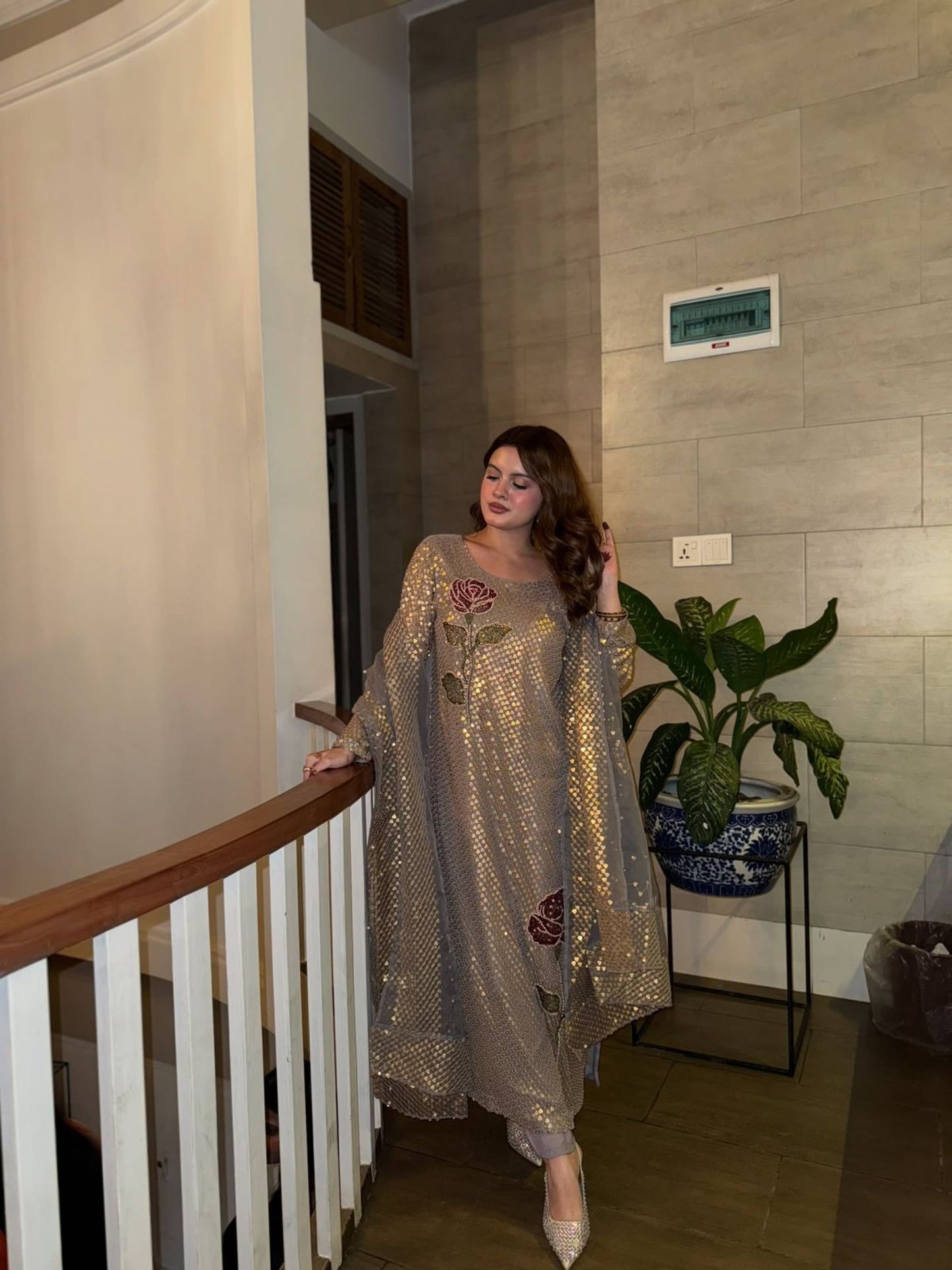 Tangerine grey embroidered kurti pant set full length ethnic wear - WishTown Fashion Club