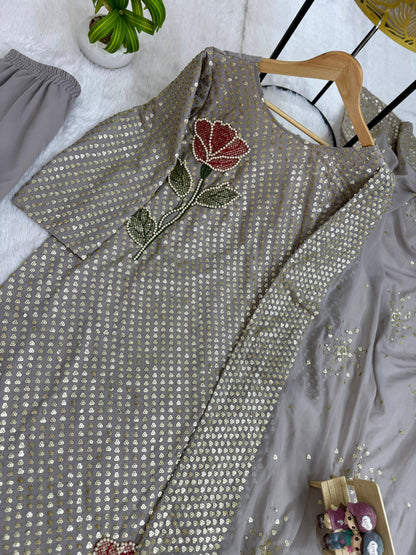 Tangerine grey traditional kurti pant dupatta set festive styling - WishTown Fashion Club