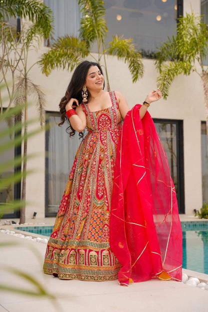 Red printed Anarkali gown with lace border organza dupatta - WishTown Fashion Club
