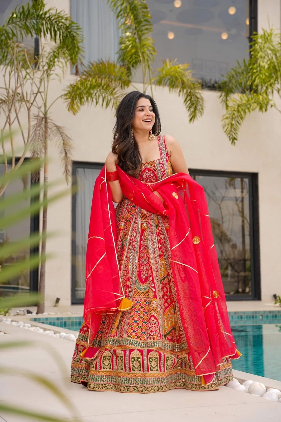 Red party wear Anarkali gown elegant ethnic styling - WishTown Fashion Club