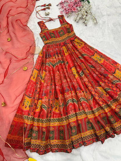 Red Jimmy organza silk Anarkali gown close up print detail - WishTown Fashion Club