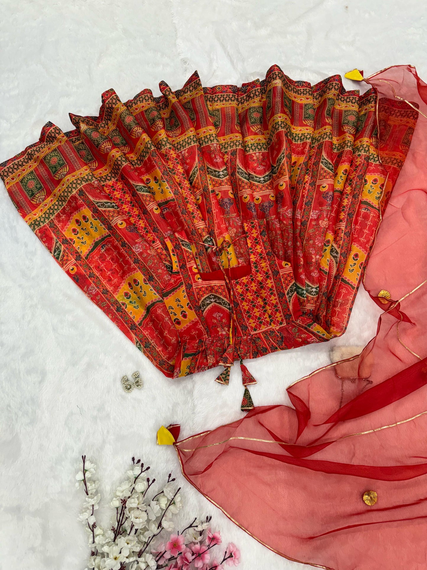 Red traditional Anarkali gown Jaipuri handcrafted dupatta look - WishTown Fashion Club