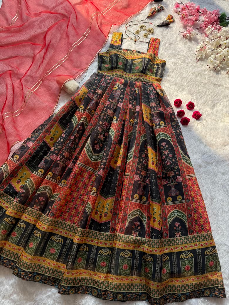 Black digital printed Jimmy organza silk Anarkali gown front view - WishTown Fashion Club