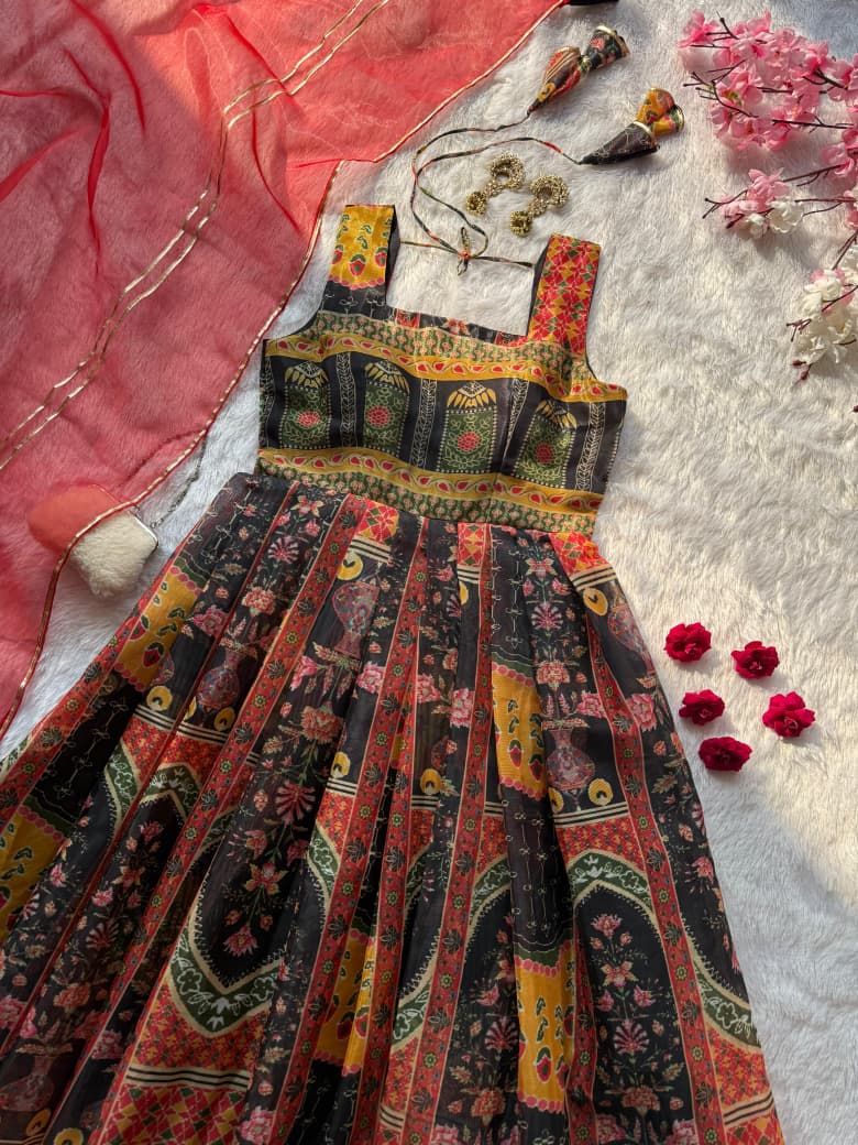 Black Jimmy organza silk Anarkali gown detailed craftsmanship look - WishTown Fashion Club