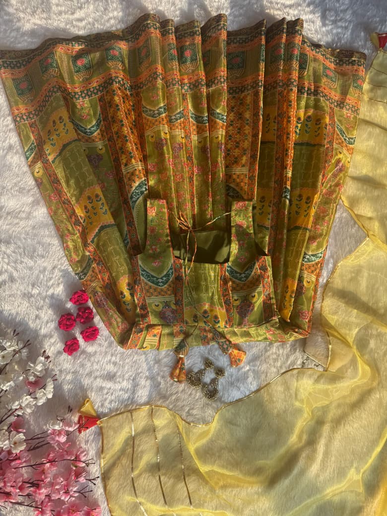 Tangerine olive green organza Anarkali gown with lace border dupatta festive look - WishTown Fashion Club