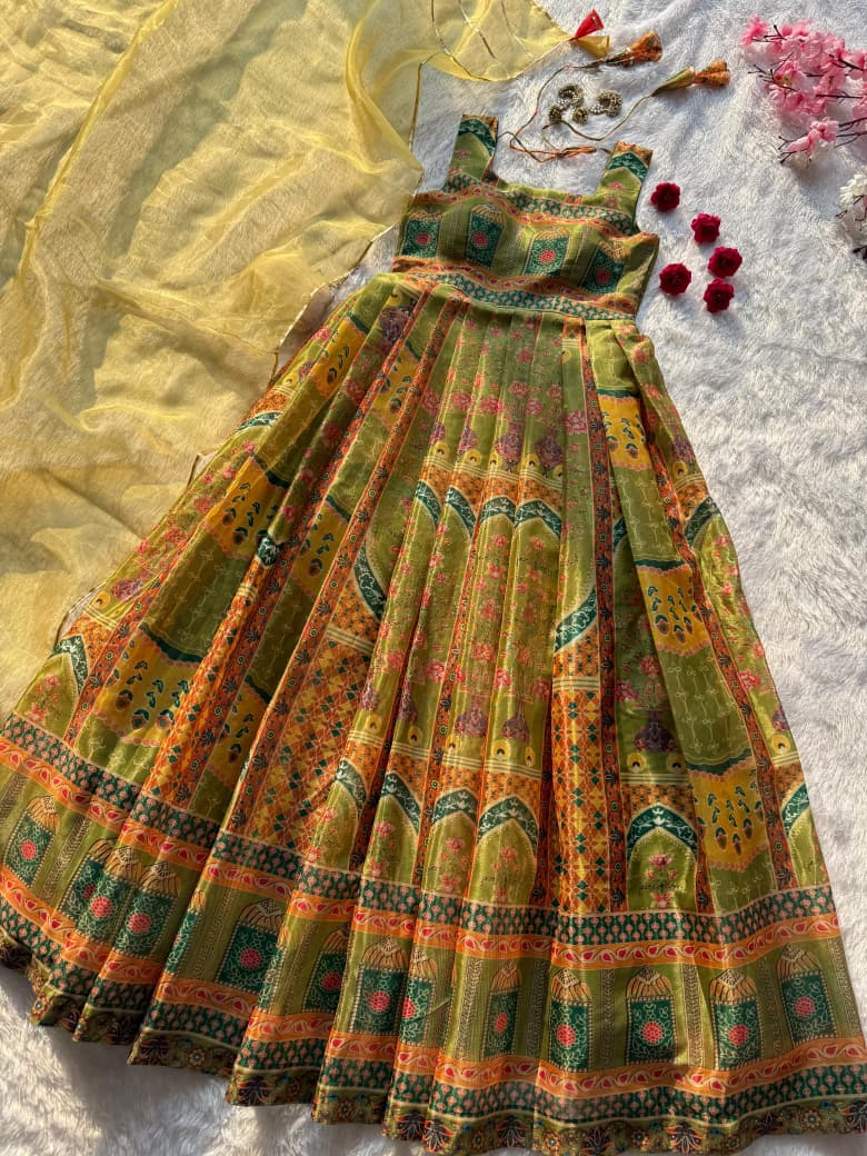 Tangerine olive green flared Anarkali gown Jaipuri handcrafted dupatta detailing - WishTown Fashion Club