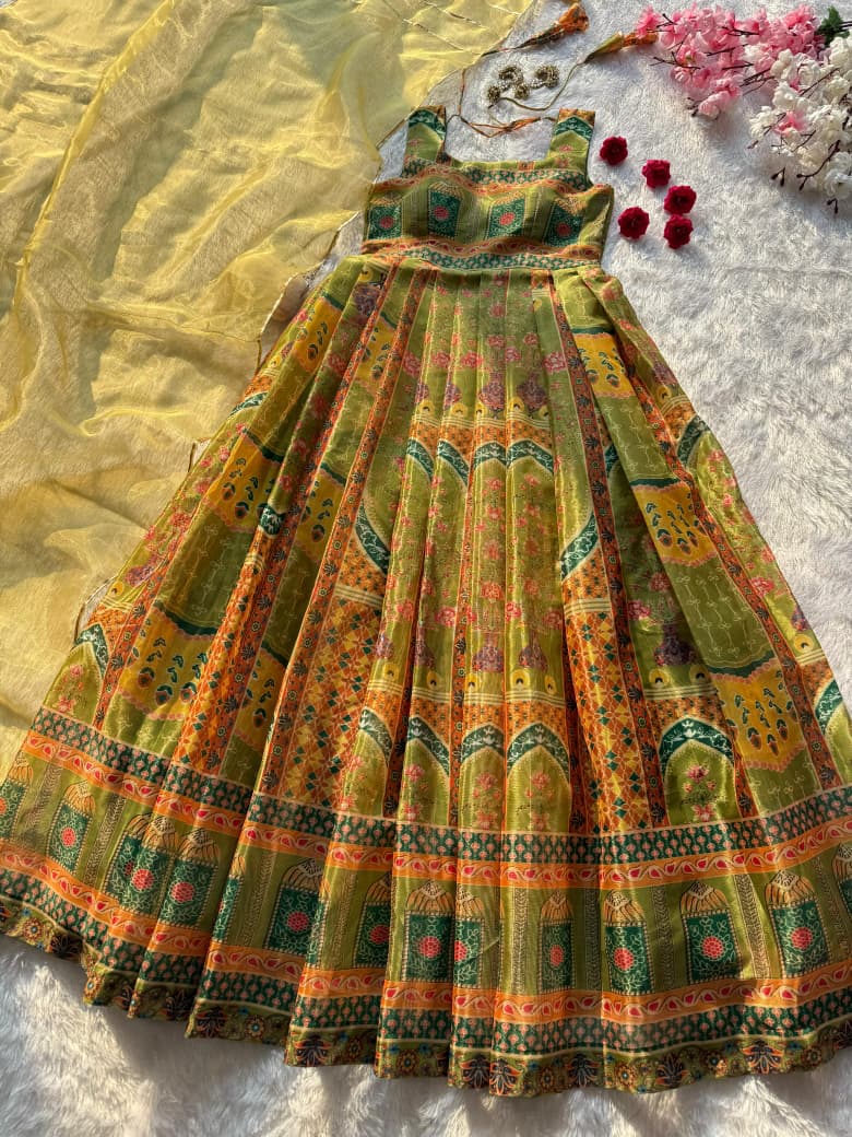 Tangerine olive green digital printed Jimmy organza silk Anarkali gown front view - WishTown Fashion Club