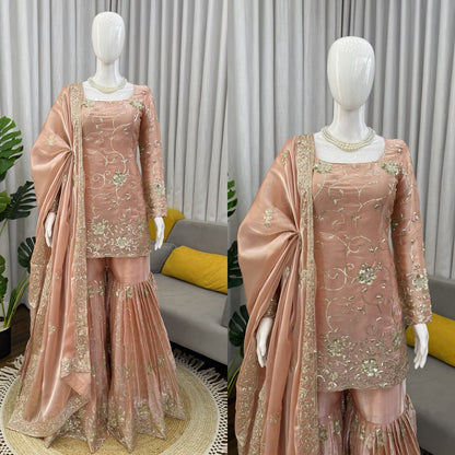 Tangerine onion pink embroidered jmc silk sharara set full length ethnic wear - WishTown Fashion Club