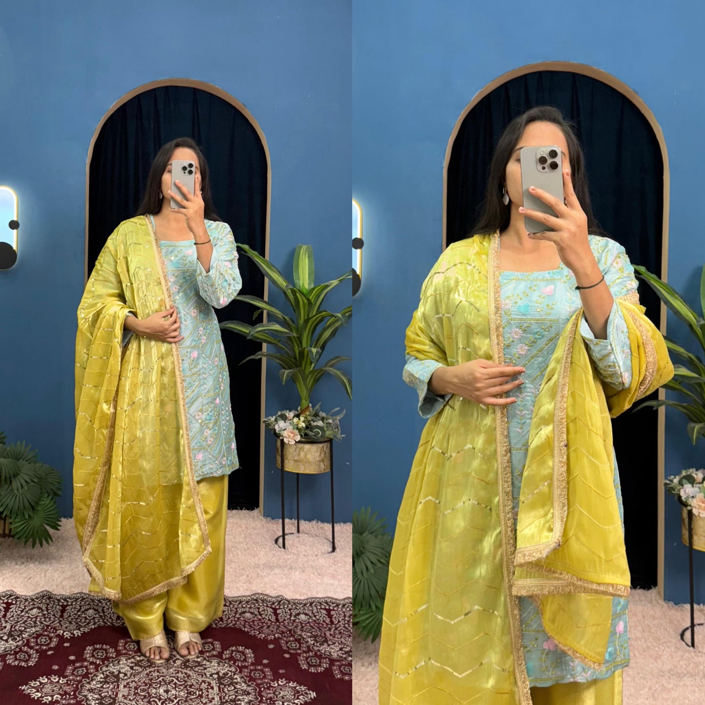 Sky blue festive wear Jimmy Choo kurti plazzo with dupatta - WishTown Fashion Club