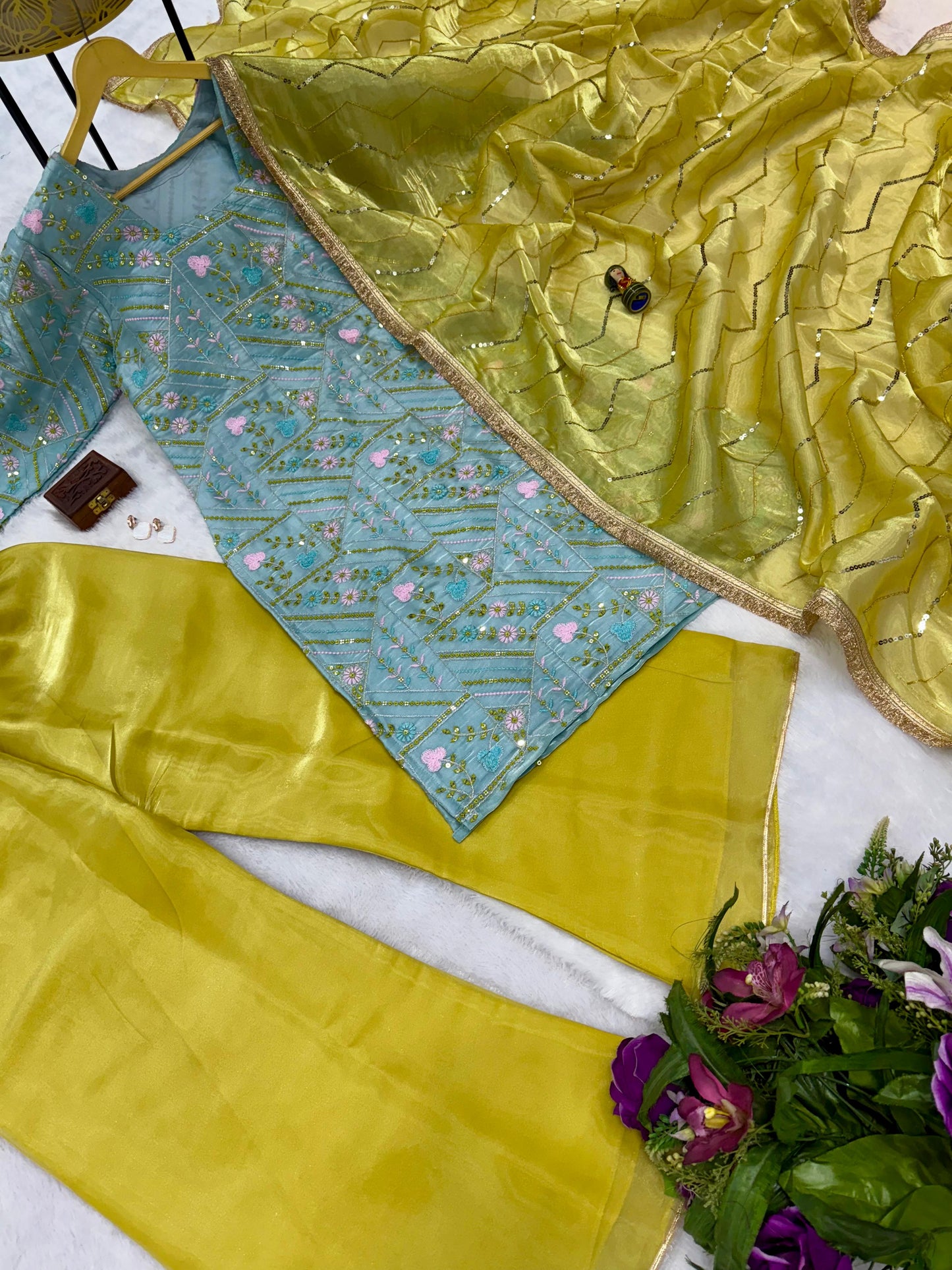 Sky blue premium Jimmy Choo kurti plazzo set detailed embroidery look - WishTown Fashion Club