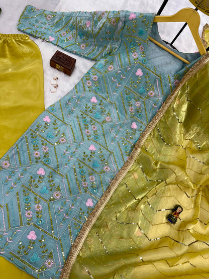 Sky blue party wear embroidered kurti set with lace border dupatta - WishTown Fashion Club