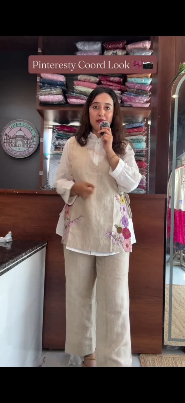 Beige embroidered jute jacket detail paired with cotton flex bottom - WishTown Fashion Club