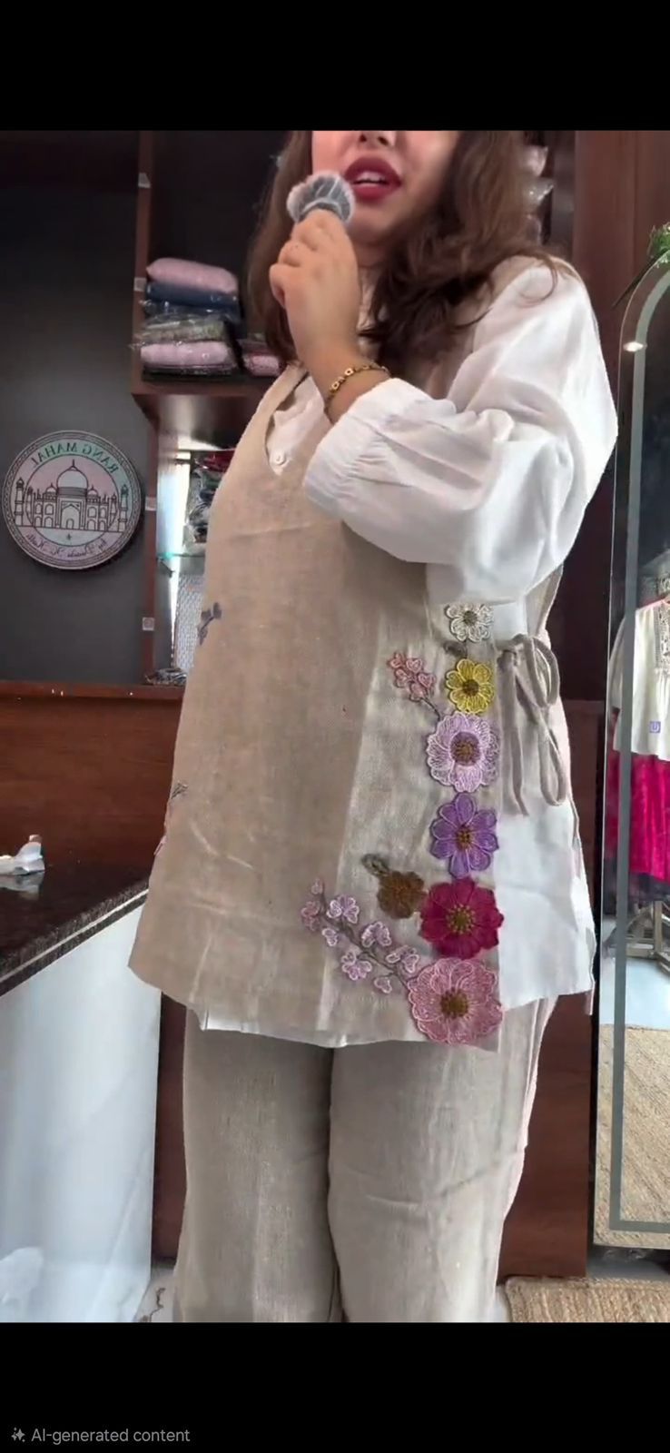 Beige cotton shirt with jute jacket and matching pant co-ord set - WishTown Fashion Club