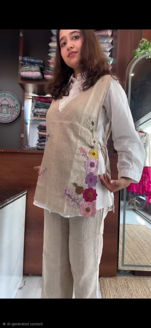 Beige three-piece co-ord set with cotton shirt jute jacket and pant - WishTown Fashion Club