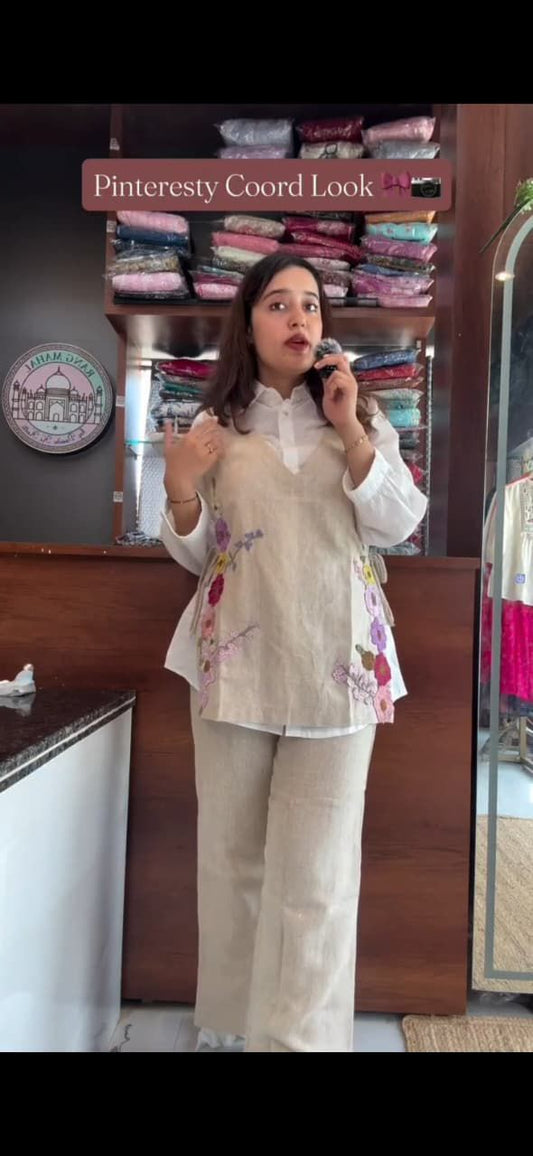 Beige premium jute co-ord set with embroidered jacket and cotton shirt front view - WishTown Fashion Club