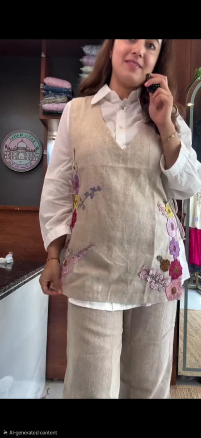 Beige modern jute look co-ord set with embroidery work - WishTown Fashion Club