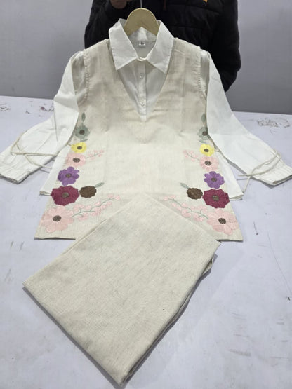 Beige embroidered jute jacket detail paired with cotton flex bottom - WishTown Fashion Club