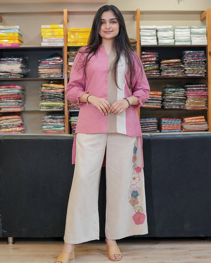 Pink cotton co ord set with one side embroidery front view - WishTown Fashion Club