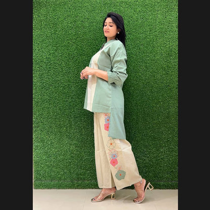 Light green premium cotton kurti plazzo co ord set casual style - WishTown Fashion Club