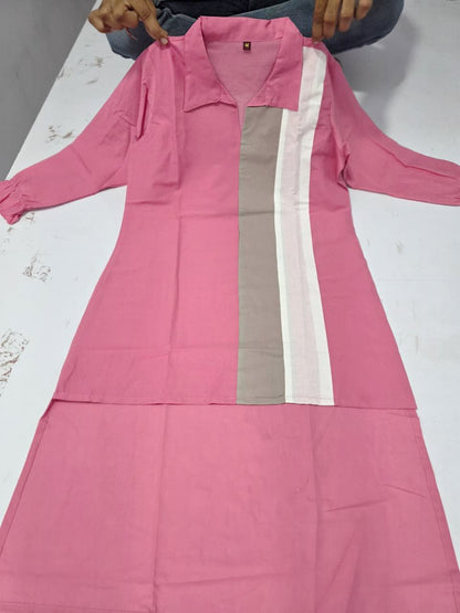 Pink office wear cotton coord set with embroidered kurti - WishTown Fashion Club