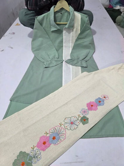 Light green breathable cotton co ord set detailed fabric look - WishTown Fashion Club