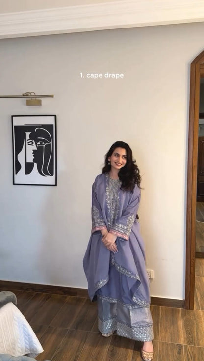 Tangerine lavender Roman silk embroidered boat neck top with palazzo front view - WishTown Fashion Club