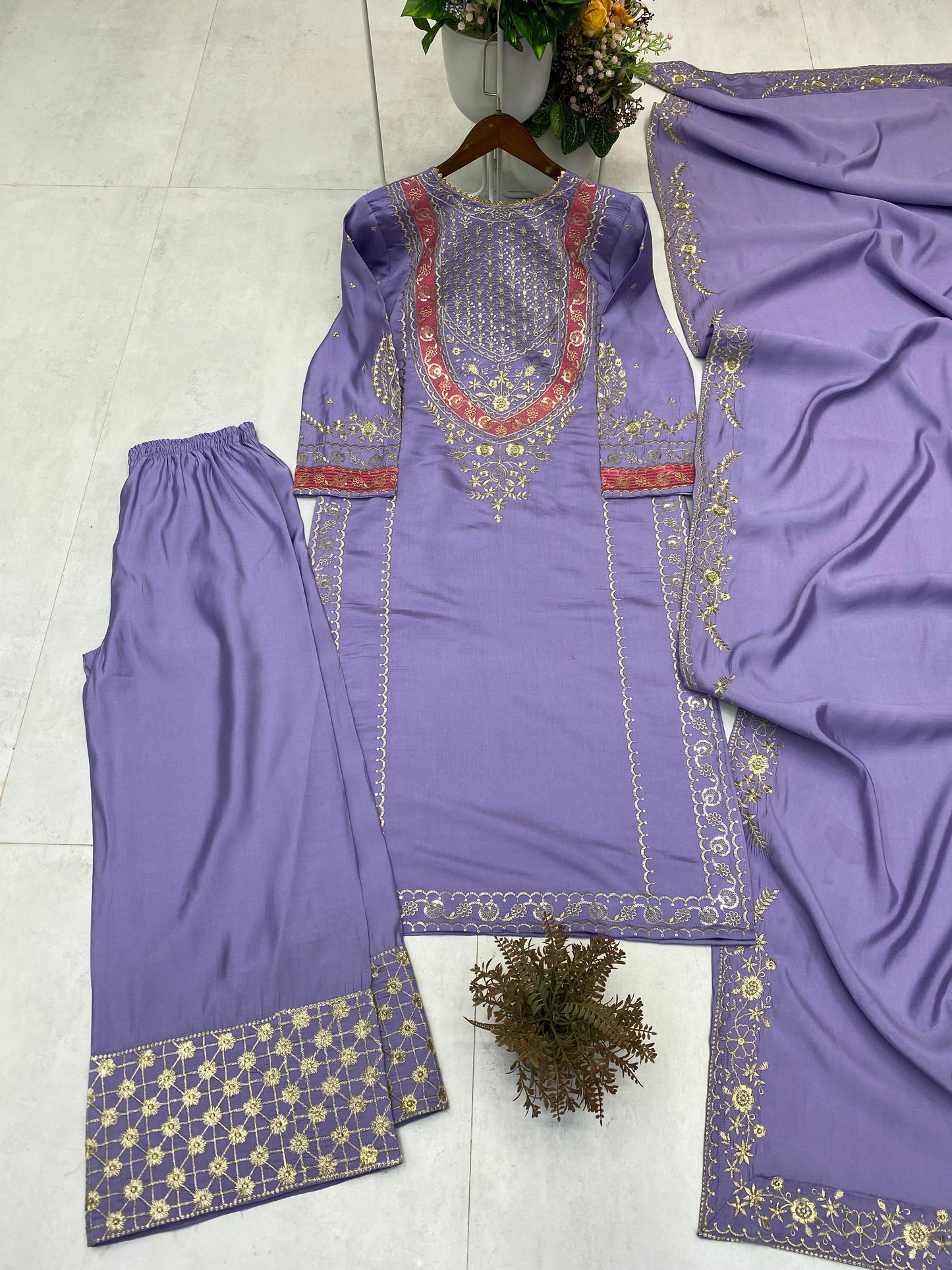 Tangerine lavender party wear embroidered plazzo set detailed craftsmanship - WishTown Fashion Club