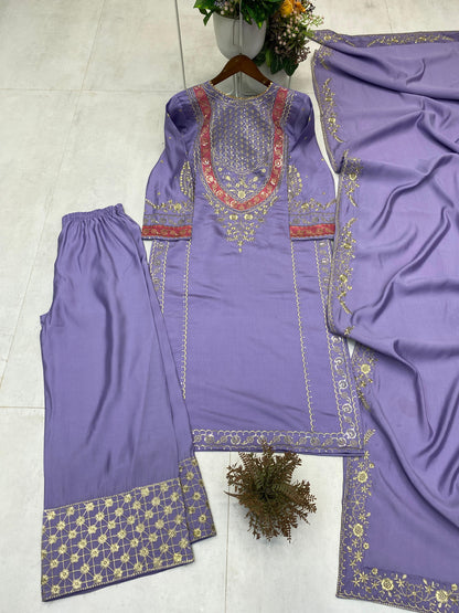 Tangerine lavender party wear embroidered plazzo set detailed craftsmanship - WishTown Fashion Club