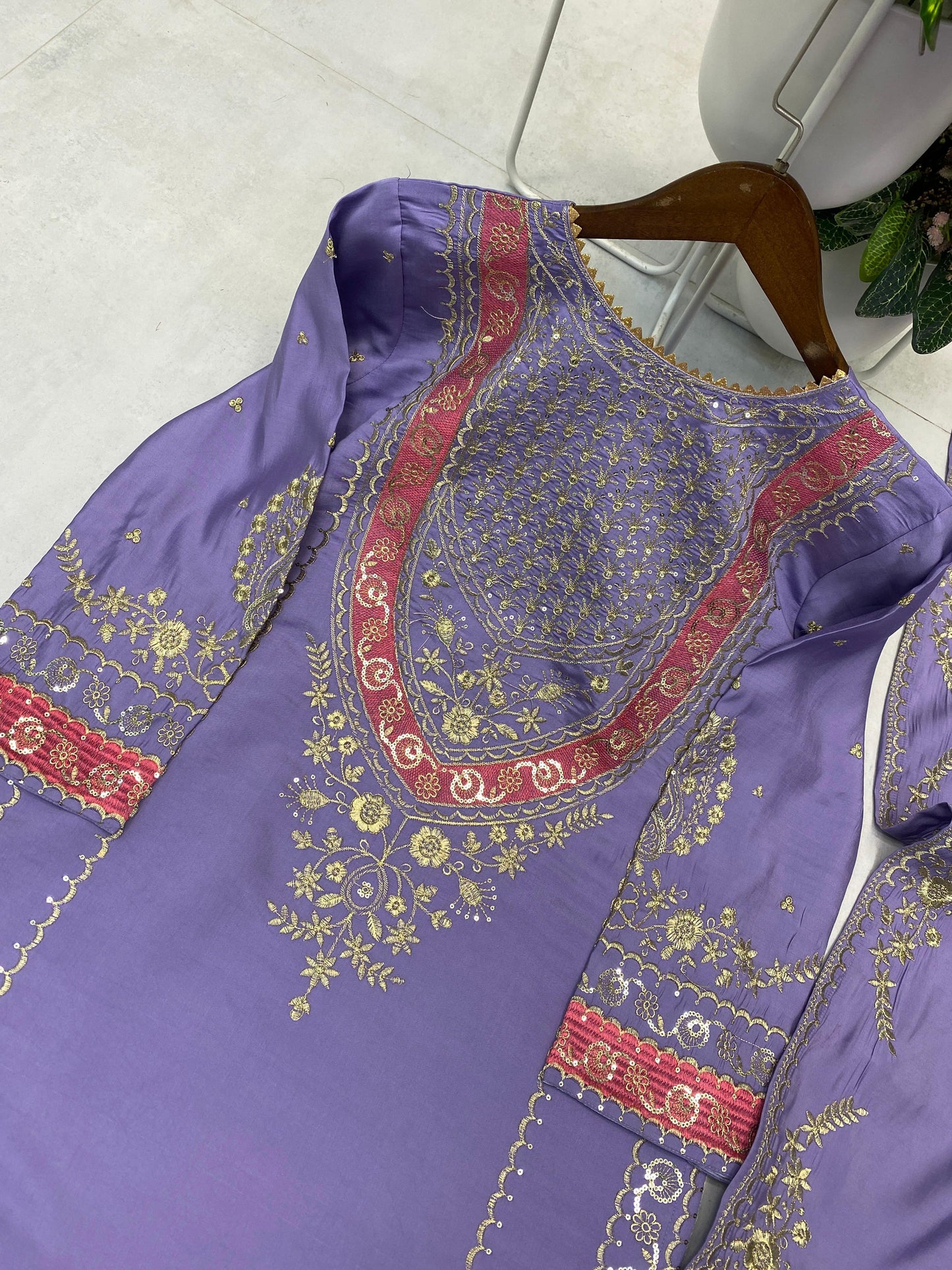 Tangerine lavender Roman silk embroidered top palazzo with dupatta - WishTown Fashion Club