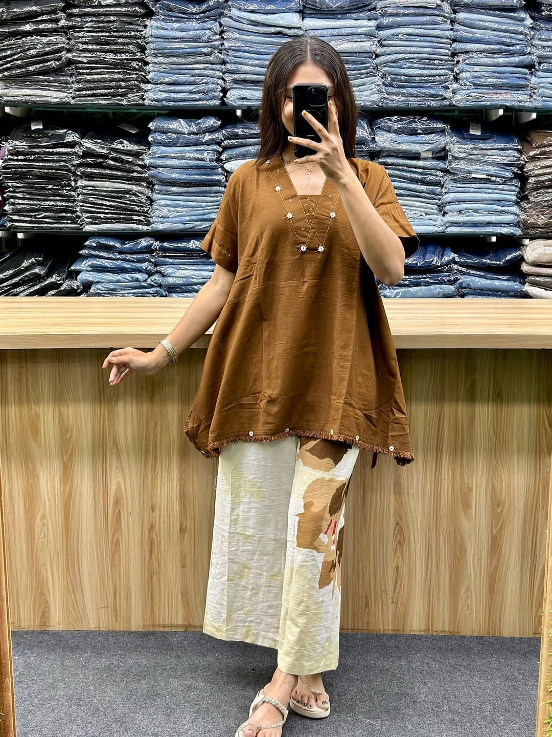 Brown cotton loose fit co ord set for women front view - WishTown Fashion Club