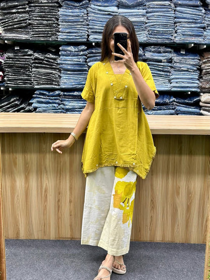 Yellow cotton loose fit co ord set for summer front view - WishTown Fashion Club