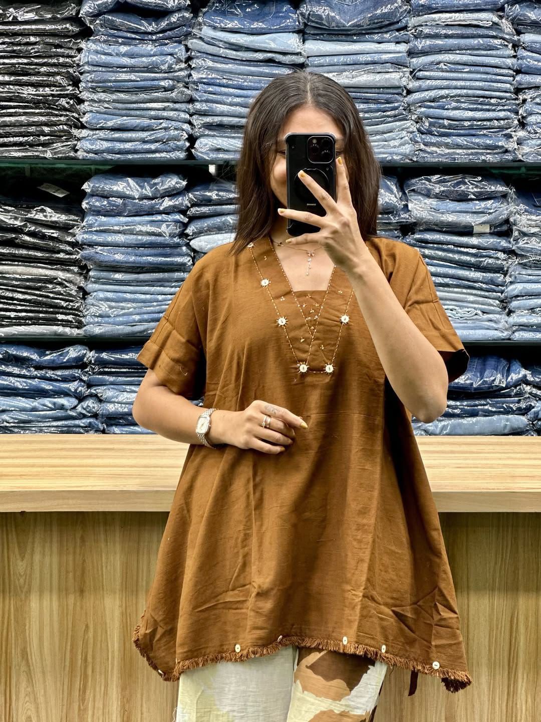 Brown cotton loose fit co ord set for women front view - WishTown Fashion Club